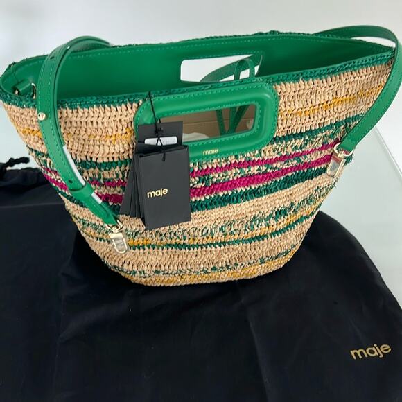 NWT $385 MAJE Vert Casino leather straw bag w/ strap and top handle - Picture 4 of 16